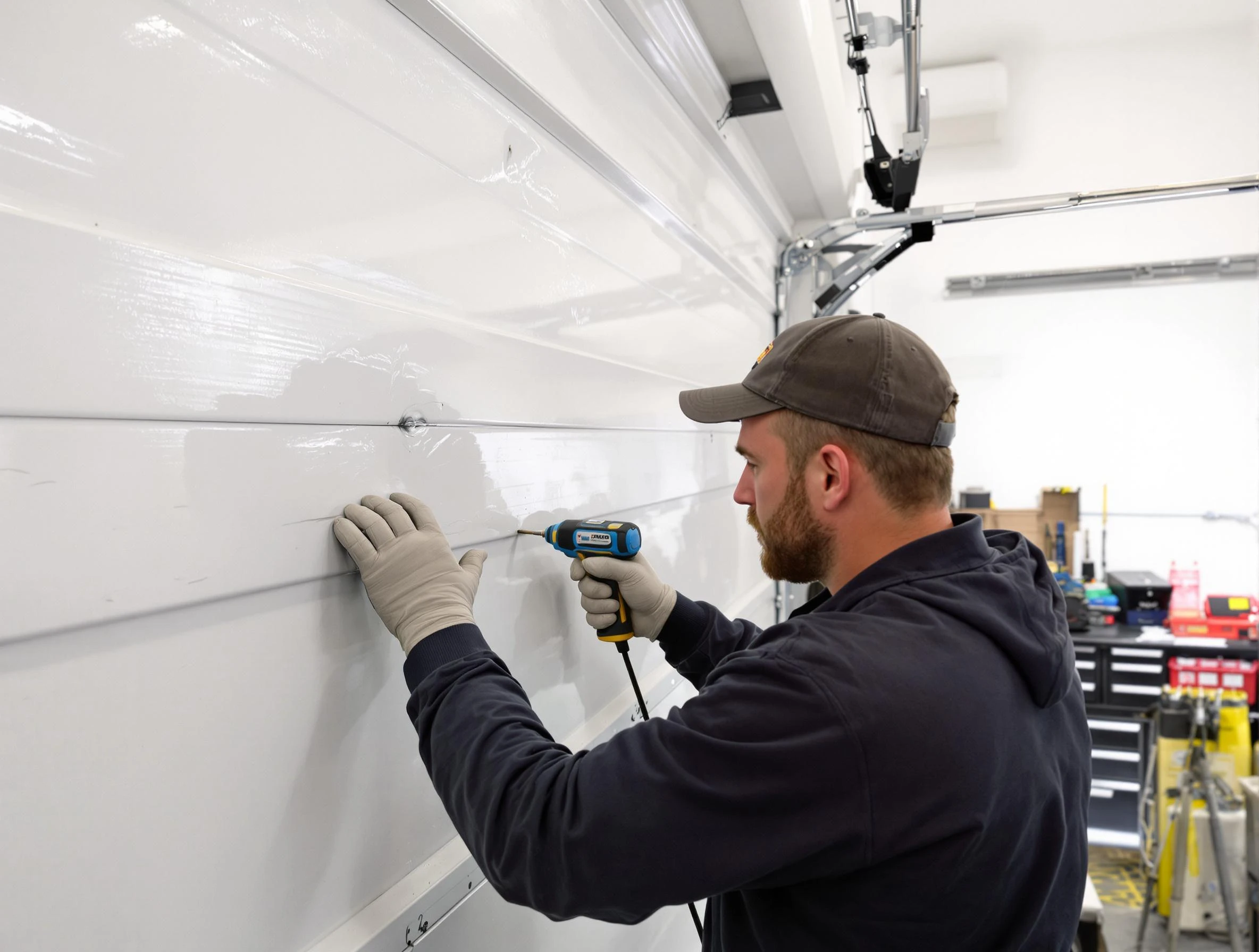Herriman Garage Door Repair technician demonstrating precision dent removal techniques on a Herriman garage door